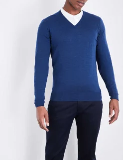 JOHN SMEDLEY Blenheim V-neck Wool Jumper -Falkeis Store 232 86002848 BLENHEIMI INDIGO ALT03