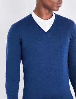 JOHN SMEDLEY Blenheim V-neck Wool Jumper -Falkeis Store 232 86002848 BLENHEIMI INDIGO ALT04