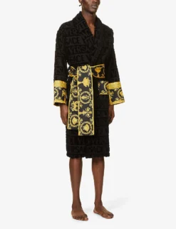 Versace Logo And Baroque-print Cotton-terry Dressing Gown -Falkeis Store R03697682 BLACK ALT01