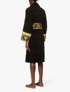 Versace Logo And Baroque-print Cotton-terry Dressing Gown -Falkeis Store R03697682 BLACK ALT02