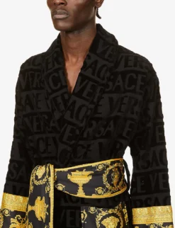 Versace Logo And Baroque-print Cotton-terry Dressing Gown -Falkeis Store R03697682 BLACK ALT03