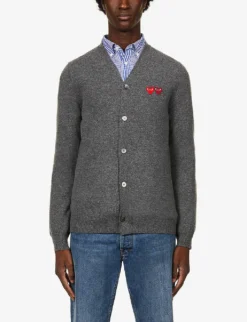 Comme Des Garçons Play Logo-embroidered V-neck Wool Cardigan -Falkeis Store R03807966 GREY ALT02