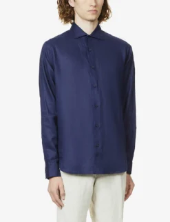 ORLEBAR BROWN Giles Brand-tab Regular-fit Linen Shirt -Falkeis Store R03935132 NAVY ALT02