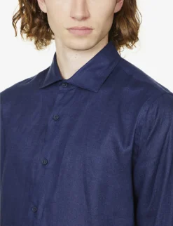 ORLEBAR BROWN Giles Brand-tab Regular-fit Linen Shirt -Falkeis Store R03935132 NAVY ALT04