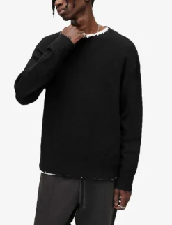 AllSaints Luka Distressed-trim Crewneck Stretch-recycled Polyester Blend Jumper -Falkeis Store R04005365 BLACK ALT02