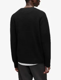 AllSaints Luka Distressed-trim Crewneck Stretch-recycled Polyester Blend Jumper -Falkeis Store R04005365 BLACK ALT03