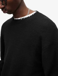 AllSaints Luka Distressed-trim Crewneck Stretch-recycled Polyester Blend Jumper -Falkeis Store R04005365 BLACK ALT04