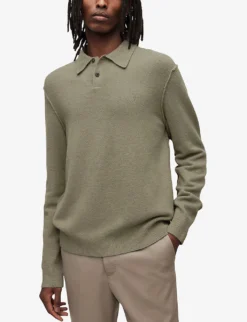 AllSaints Statten Ramskull-embroidered Stretch-knit Polo Jumper -Falkeis Store R04008726 SOFTGREEN ALT02