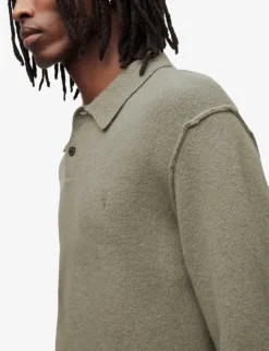 AllSaints Statten Ramskull-embroidered Stretch-knit Polo Jumper -Falkeis Store R04008726 SOFTGREEN ALT04