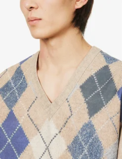 Bottega Veneta Diamond-patterned V-neck Leather Jumper -Falkeis Store R04129502 CAMELGREYBLUE ALT04