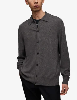 AllSaints Kilburn Ramskull-embroidered Wool And Recycled Polyamide-blend Cardigan -Falkeis Store R04132712 MONUMENTGREY ALT02