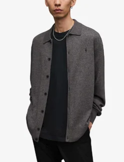 AllSaints Kilburn Ramskull-embroidered Wool And Recycled Polyamide-blend Cardigan -Falkeis Store R04132712 MONUMENTGREY ALT04