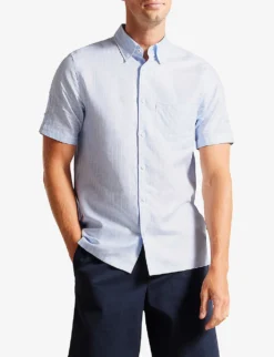 Ted Baker Lytham Striped Short-sleeved Linen And Cotton-blend Shirt -Falkeis Store R04133337 LTBLUE ALT02