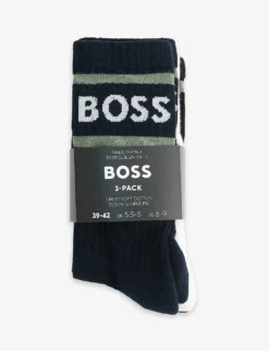 Boss Pack Of Three Logo-embroidered Stretch-cotton Blend Socks