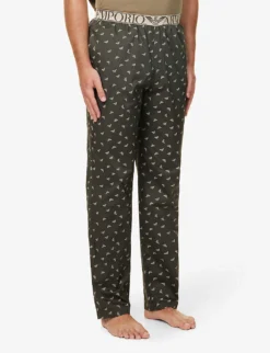 Emporio Armani Branded-waistband Logo-print Cotton-poplin Pyjama Bottoms -Falkeis Store R04142171 EARTHSANDEAGLES ALT02