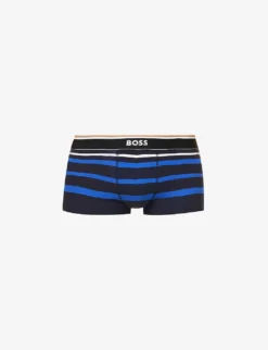 Boss Logo-waistband Striped Regular-fit Stretch-cotton Trunks