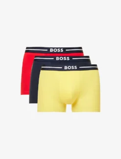 Boss Pack Of Three Branded Striped-waistband Regular-fit Stretch-cotton Trunks