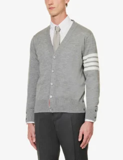 Four-bar V-neck Regular-fit Wool-knitted Cardigan -Falkeis Store R04152264 PALEGREY ALT02