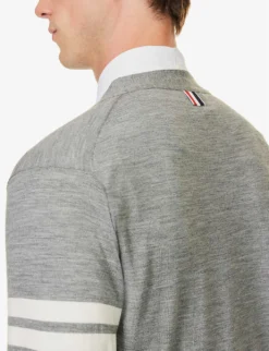 Four-bar V-neck Regular-fit Wool-knitted Cardigan -Falkeis Store R04152264 PALEGREY ALT04