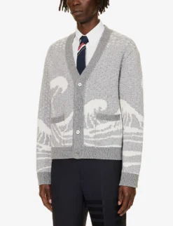 Wave-jacquard Patch-pocket Wool-knit Cardigan -Falkeis Store R04152283 LIGHTGREY ALT02