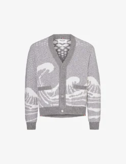 Wave-jacquard Patch-pocket Wool-knit Cardigan