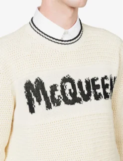 Alexander McQueen Graffiti-intarsia Contrast-trim Cotton-knit Jumper 9 Alexander McQueen Graffiti-intarsia Contrast-trim Cotton-knit Jumper -Falkeis Store R04153540 VANILLABLACK ALT04