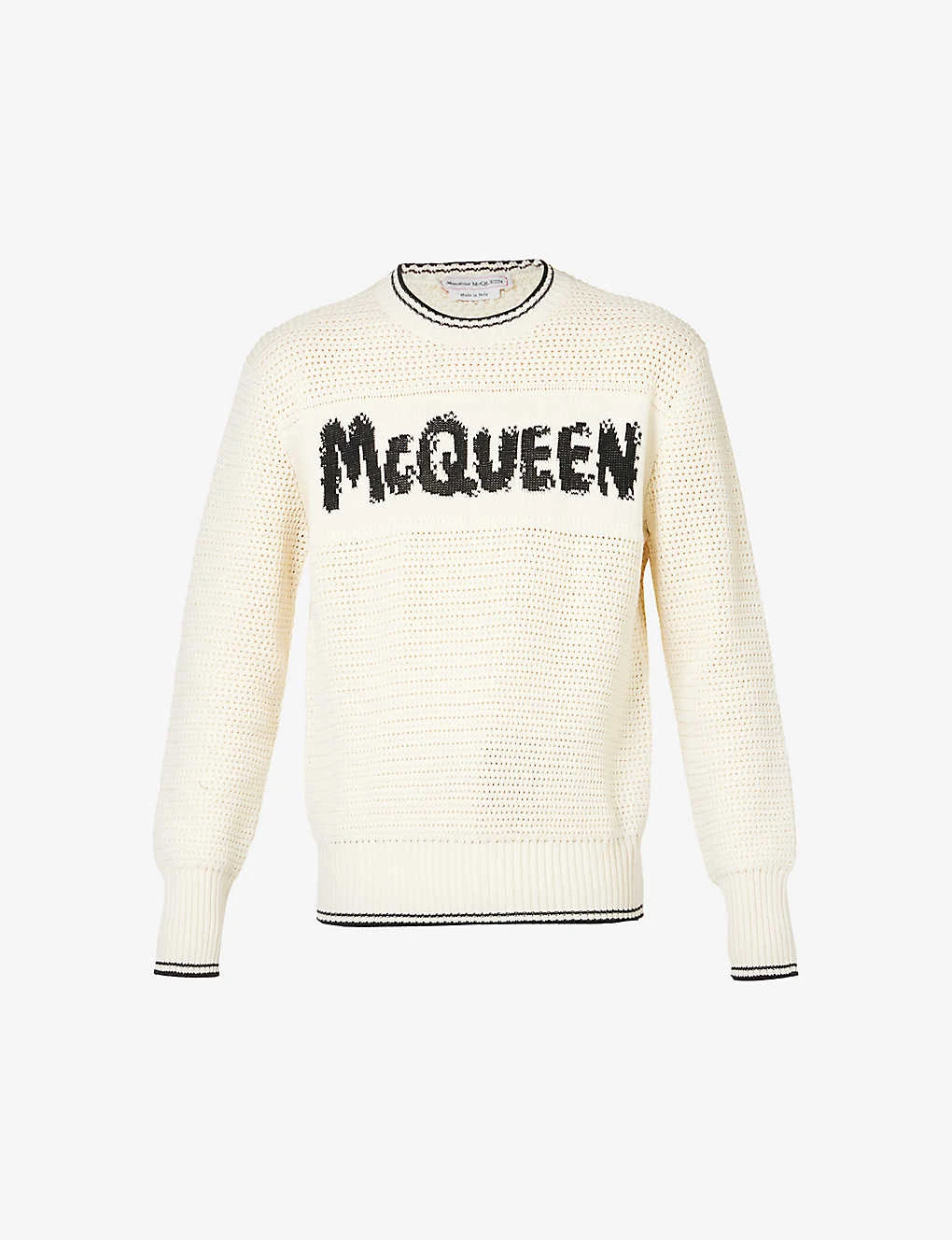 Alexander McQueen Graffiti-intarsia Contrast-trim Cotton-knit Jumper 1 Alexander McQueen Graffiti-intarsia Contrast-trim Cotton-knit Jumper