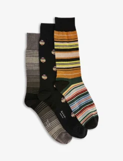 PAUL SMITH Pack Of Three Striped Organic-cotton-blend Socks -Falkeis Store R04154086 BLACK ALT02