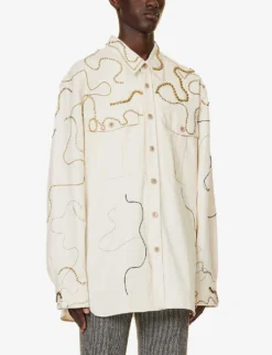 Dries Van Noten Chain-embriodered Relaxed-fit Cotton-twill Shirt -Falkeis Store R04161197 ECRU ALT02