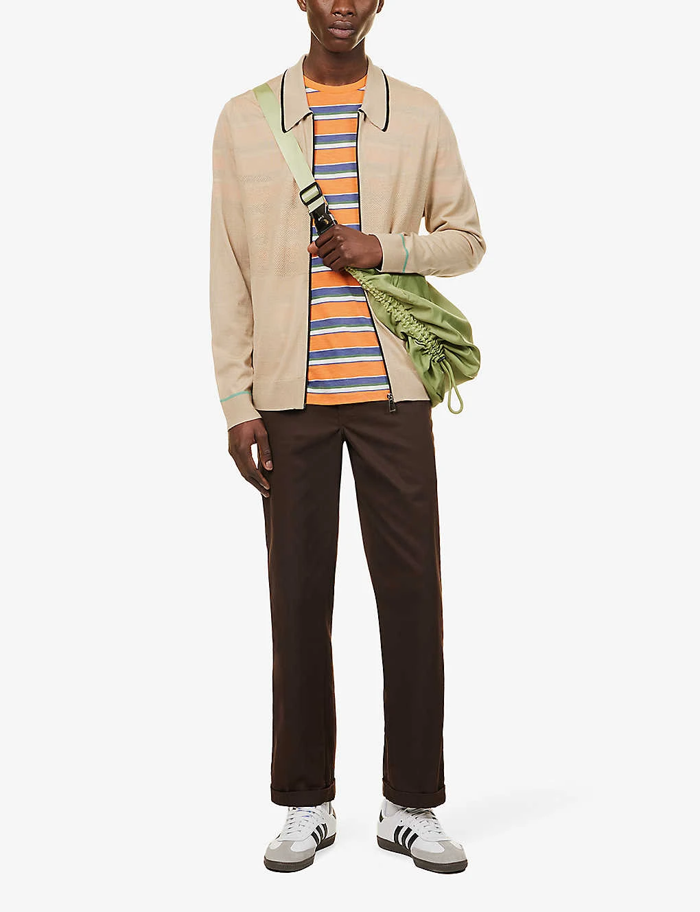 Contrast-panel Striped-pattern Regular-fit Wool-knit Cardigan 2 Contrast-panel Striped-pattern Regular-fit Wool-knit Cardigan - Image 2