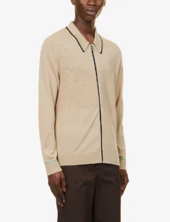 Contrast-panel Striped-pattern Regular-fit Wool-knit Cardigan 7 Contrast-panel Striped-pattern Regular-fit Wool-knit Cardigan -Falkeis Store R04161308 MEDIUMBEIGE ALT02