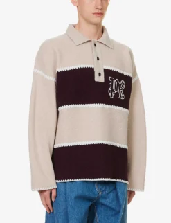 Palm Angels Monogram Striped Wool-blend Polo Shirt 7 Palm Angels Monogram Striped Wool-blend Polo Shirt -Falkeis Store R04166077 BEIGEBORDEAUX ALT02