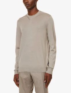 Emporio Armani Brand-patch Long-sleeved Wool-blend Jumper -Falkeis Store R04184751 GREIGE ALT02