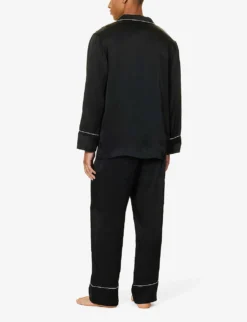 MOSCHINO Logo-embroidered Contrast-piping Satin Pyjama Set -Falkeis Store R04199720 BLACK555 ALT02