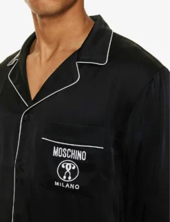 MOSCHINO Logo-embroidered Contrast-piping Satin Pyjama Set -Falkeis Store R04199720 BLACK555 ALT03